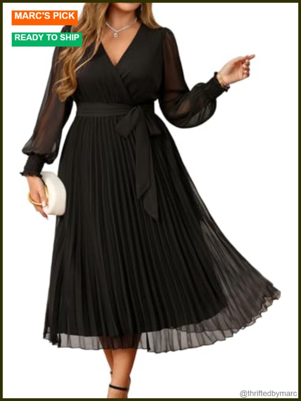 Plus Size Chiffon Midi Wedding Guest Dress Pleated V-Neck Formal